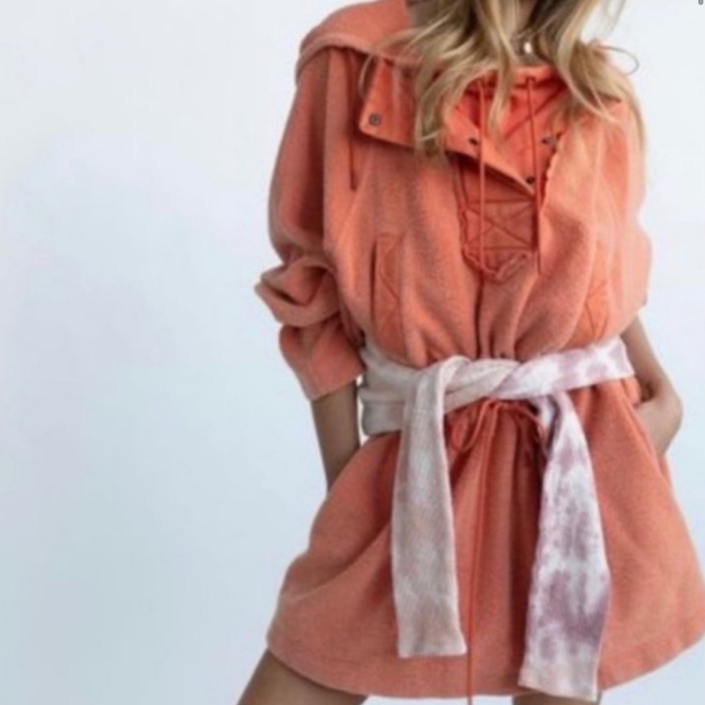 FREE PEOPLE Sadie Orange Fleece Hoodie Sweater Dress Jacket